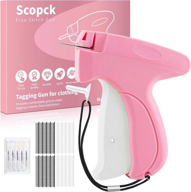 Scopck Stitch Gun for Clothes - Handheld Stitch Gun Quick Clothing Fixer - Tagging Gun - Includes 6 Needle, 1000 Black Fasteners & 1000 White Fasteners (Pink/Orange) - Image 1